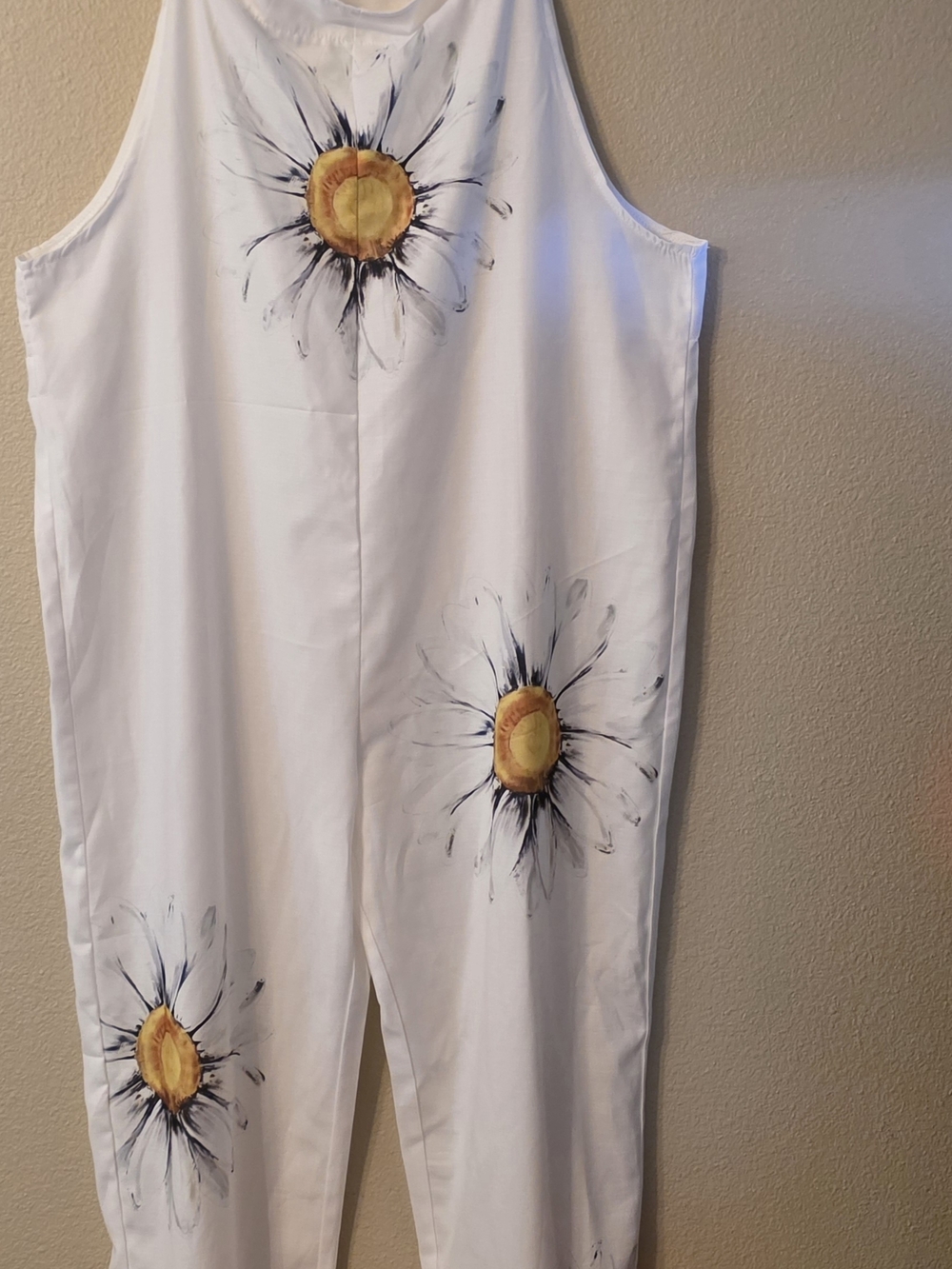 Source Unknown White Wide-Leg Jumpsuit with Yellow Sunflower Prints